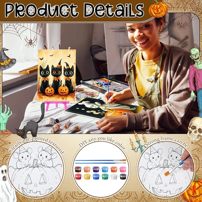 Blosssound 24 Pack Halloween Pre Drawn Canvas to Paint 5 x 7 Inch Pre Printed Canvas Painting Kits with Easel, Paint Pots Brushes Stretched Panels Bulk for Adult Sip Party Student Beginner DIY