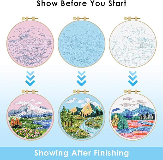 ERKOON 3 Sets Embroidery Kit, Floral Cross Stitch Set for Include Embroidery Cloth Hoops Threads for Craft Lover Hand Stitch (Landscapes)