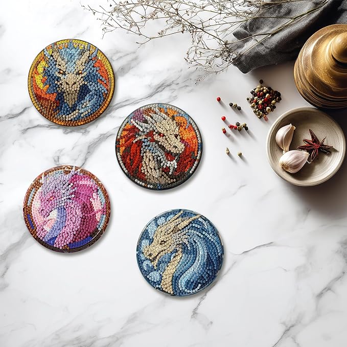 hkejoi 8 Pcs Dragon Diamond Art Coasters Kit for Adults, Dragon Diamond Painting Coasters with Holder, 5D Gem Art, DIY Crafts Diamond Dots for Gift Home Decor