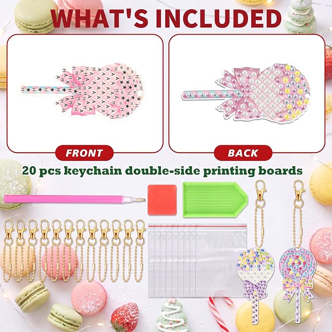 Tondiamo 20 Pcs Christmas Macaron Candy Diamond Painting Keychain Kits 5d DIY Diamond Art Pendants Double Sided Hanging Key Chains for Christmas Party Decoration DIY