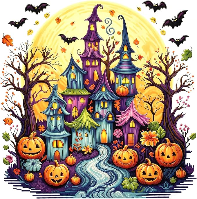 AIBOERL Diamond Art Kits for Adults，Halloween Diamond Painting Wall Decor | Round Drill Spooky Village Diamond Painting for Beginners DIY Rhinestone 5D Diamond dots(Gemstone Craft)Wall Art Gift 12x16IN