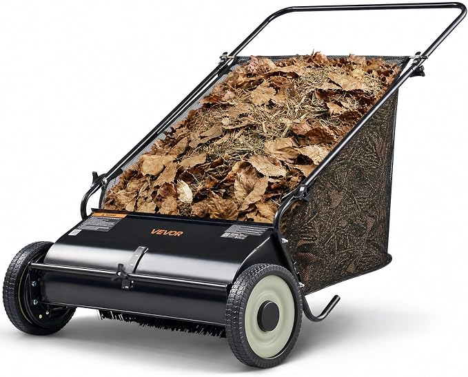 VEVOR Push Lawn Sweeper 26 Inch Leaf & Grass Collector Strong Rubber Wheels