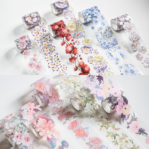 Floral Washi Tape Set - 12 PET & Washi Tapes for Journaling Stickers, Scrapbooking Supplies, Planner, Bullet Journals,Arts & Crafts. Use as Stickers