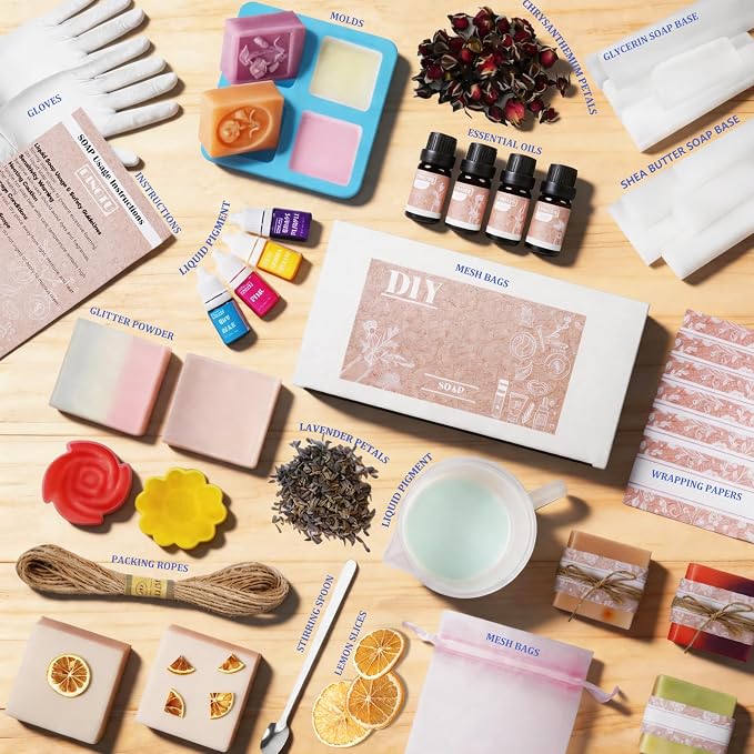 Soap Making Kit for Adults, DIY Soap Making Kit, Melt and Pour Soap Making Supplies, Contains Mould Soap Base Essential Oils Fragrances and Dried Flowers for Beginners and Gift Boxes for Women