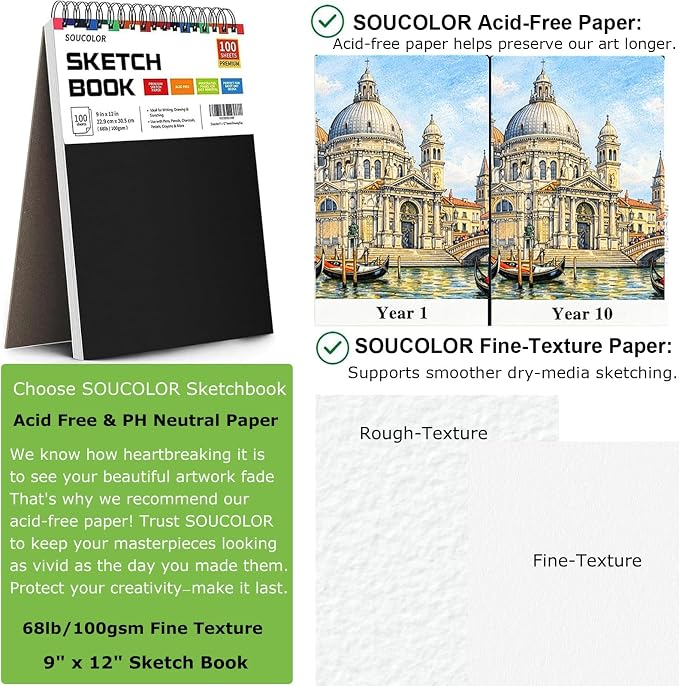 Soucolor Sketch Book 9" x 12", 100 Sheets Kids Art Sketchbook Drawing Pad | 68lb Acid-Free, Fine-Texture Paper, Top Spiral for Lay-Flat, Gift for Teens Girls Boys Beginners Adults, School Art Supplies