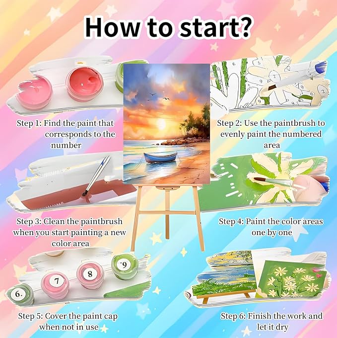 4 Pack Framed Paint by Numbers Kit for Adults Beginners, Beach 8x12 inch | Adult Paint by Number Kits on Canvas with Wooden Easel, Sunset Landscape DIY Acrylic Oil Painting by Numbers for Home Decor