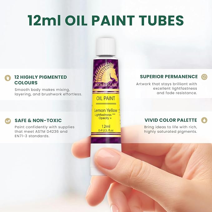 MyArtscape Oil Paint Set - 12 x 12ml Artist Oil Paint Tubes | Rich pigment oil paint set with smooth blending glossy finish and excellent coverage for canvas painting