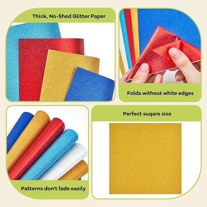 JoyCat Classic Glitter Origami Paper, 50 Sheets, 5 Colors, 6x6 Inch | Five vivid glitter colors add a bright shimmer to origami, party decorations, card making, gift accents and DIY crafts.