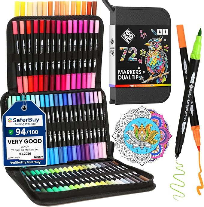 ZENO 72 Dual Tip Markers Set-B with Case – No-Bleed Art Markers for Adults – Fine & Brush Tips - Watercolor Pens for Artists, Journaling, and Creative Projects
