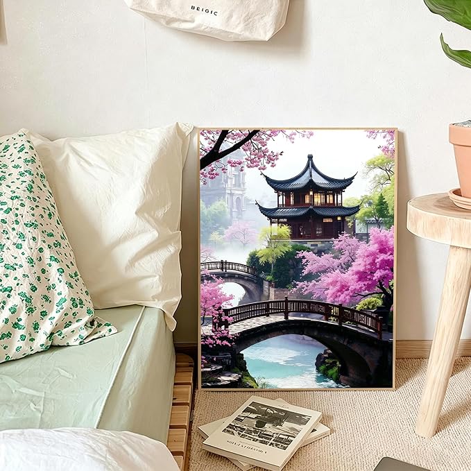 Cherry Blossom Paint by Numbers Kit for Adults with 32 Colors 16x20inch | Cherry Blossom Paint by Number Adult, Japanese Scenery Painting by Numbers for Adults, Expert Level DIY Acrylic Paint Kit