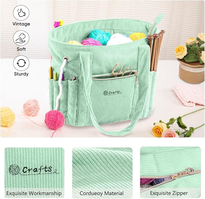 MYBAGZING Corduroy Crochet Bag 11.5" Large Yarn Storage Tote with Grommets, Needle Holders – Knitting Bag Organizer for Crochet Hooks, Accessories, Tools & Projects –Gift for Knitters & Crafters
