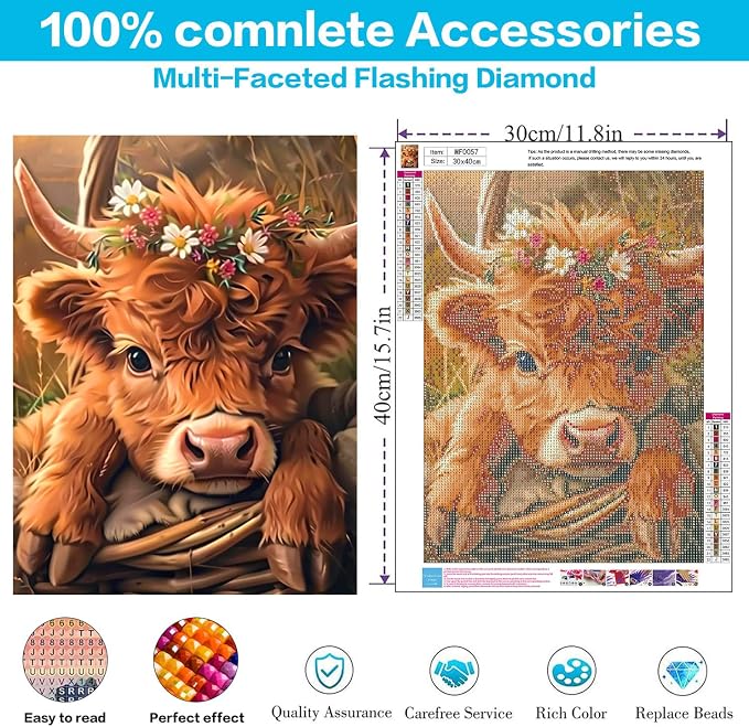Meothan Square Drills Diamond Painting Kits, Cow Diamond Art Square 12x16in | Cow Diamond Painting Kit Square Drill, 5D Highland Cow Diamond Art Square Drills Kits for Aldults Home Decor Gifts