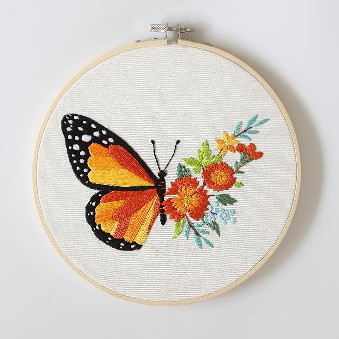Bonroy 4 Sets Embroidery Kit for Beginners,Embroidery Art Craft Handy Sewing Include Clothes with Pattern,Embroidery Hoops, Instructions,Color Threads Needle (Butterfly) (CX-55)