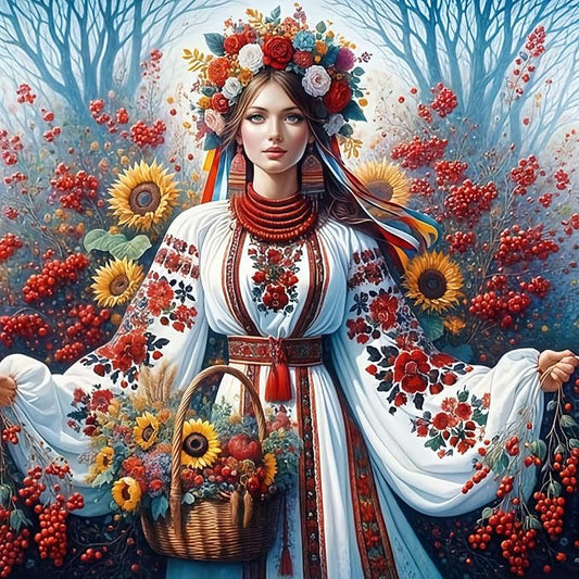 CHWGLFGG 5D Woman Diamond Art Kits for Adults Beginners 13.8x13.8 Inch | Traditional Flower Garland Diamond Painting Kit, DIY Full Round Drill Paint by Diamonds Dot Gem Art for Adult Home Wall Decor