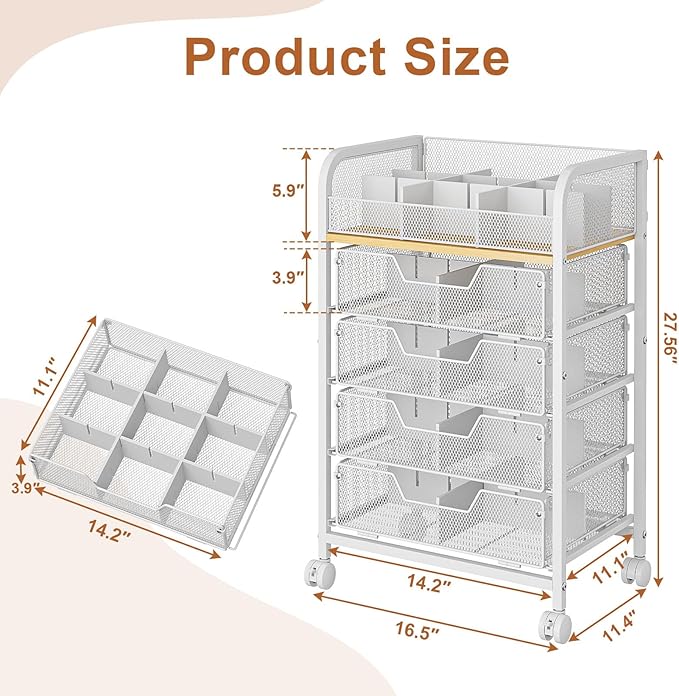 5-Tier Craft Organizer Cart with 5 Sets of DIY Dividers,Craft Organizers and Storage with Drawers,Lockable Wheels Rolling Utility Cart on Wheels,Art Supply Organizer,Ideal for Studio,Office,White