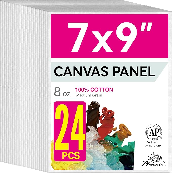 PHOENIX Painting Canvas Panels 7x9 Inch, 24 Bulk Pack - 8 Oz Triple Primed 100% Cotton Acid Free Canvases for Painting, White Blank Flat Canvas Boards for Acrylic, Oil Paints