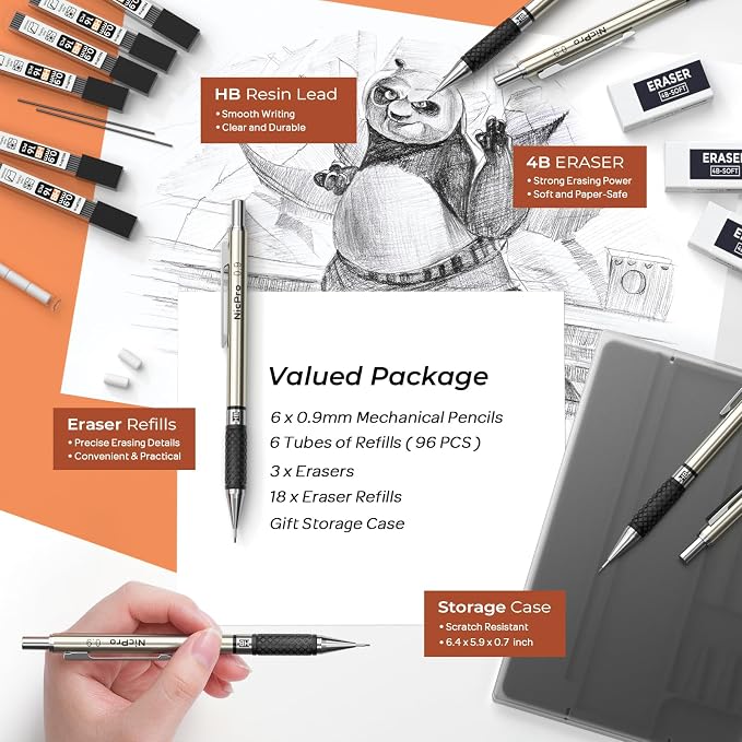 Nicpro 0.9 mm Art Mechanical Pencils Set in Case, 6 PCS | Metal Drafting Pencil Lead Pencil + 6 Tube HB Lead Refill, Eraser, Comfort Grip For School Writing, Artist Drawing Sketching