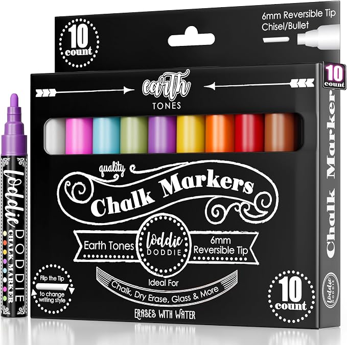 Loddie Doddie Liquid Chalk Markers, Window Markers, Earth Tones, 10 Pack | Flip from Fine to Broad Lines, For Classroom Displays & Home Offices, On Windows, Mirrors & Car Glass, Erasable Glass Markers