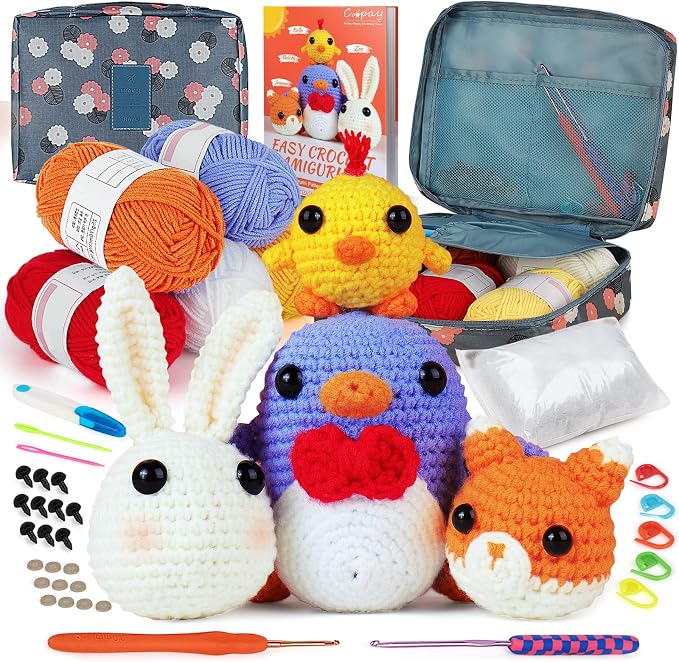 Coopay Crochet Kit for Beginners Adults w/Step-by-Step Tutorial | 4 in 1 Crochet Animal Kit - Penguin, Chick, Rabbit & Fox, Crochet Starter Kit-Include Everything Needed to Start