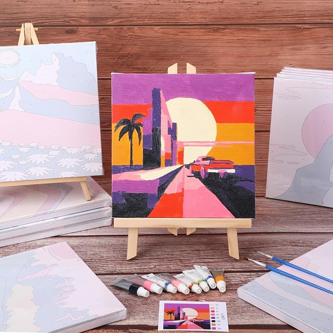 Nezyo 12 Sets Paint by Numbers Kit with Frame, Acrylic Canvas 8x8in | Beginner Friendly DIY Sets for Painting Party Classroom Birthday Gifts, Includes Numbered Canvases Brushes Paints