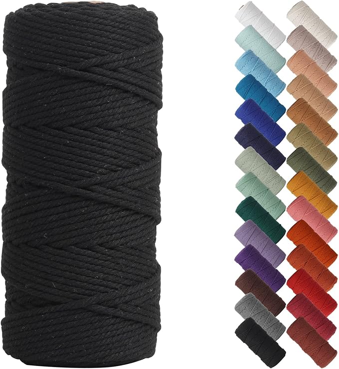 NOANTA Black Macrame Cord 3mm x 109yards, Cotton Rope Macrame Yarn | Macrame Rope Supplies, 3 Strand Twisted Cotton Yarn String, Cotton Cord for Wall Hanging, Plant Hangers, Crafts, Knitting