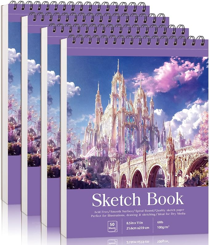 Prudiut Sketch Book 4 Pack, 8.5 × 11 Inch, Violet, Spiral Bound | 50 Sheets Each, 68 Lb Acid-Free Paper, Perforated Pages, Hard Back Cover, for Pencil, Charcoal, Colored Pencil And Gel Pen