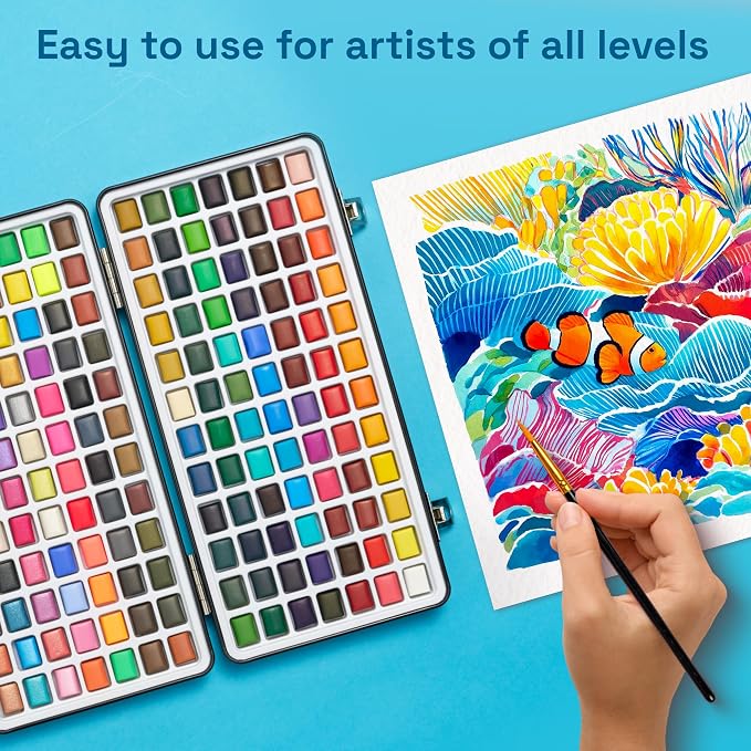 ARTISTRO Deluxe Watercolor Paint Set with Palette & Brush Pens - 168 Colors | Travel Watercolor Paint Set, Portable Painting Kit for Adults, Artists & Kids, Professional Watercolor Supplies