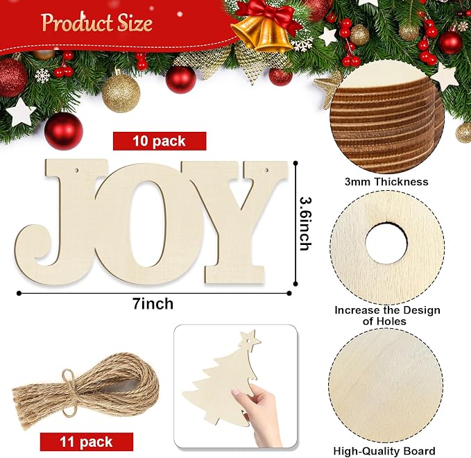 Large Christmas Wooden Ornaments to Paint 10Pcs, DIY Blank Unfinished Joy Wood Cutout Ornament for Crafts Hanging Decorations, Thanksgiving Wedding Birthday Party Decoration