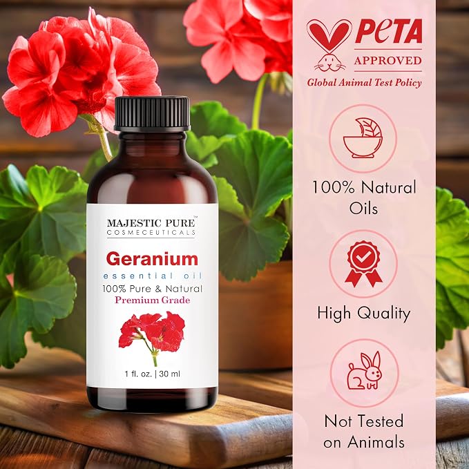 Majestic Pure Geranium Essential Oil for Diffuser - 1 Fl Oz | 100% Pure and Natural Essential Oils for Aromatherapy, Soap & Candle Making, Massage, Fragrance, DIY Beauty, Geranium Oil