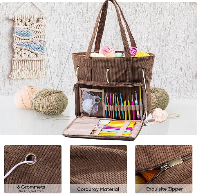 MYBAGZING Large Yarn Tote Organizer – Corduroy Knitting Storage Holder for Yarn, Hooks & Accessories, Portable Craft Carryall for Crocheting Lovers, Mother’s Day Gift