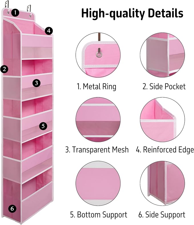 TYMENSH Pink Over Door Organizer with 5 Large Clear Pockets and 6 Side Mesh Pockets, Anti-Tilt Hanging Door Storage for Nursery, Bedroom, Bathroom, Closet, Toys, Baby Essentials