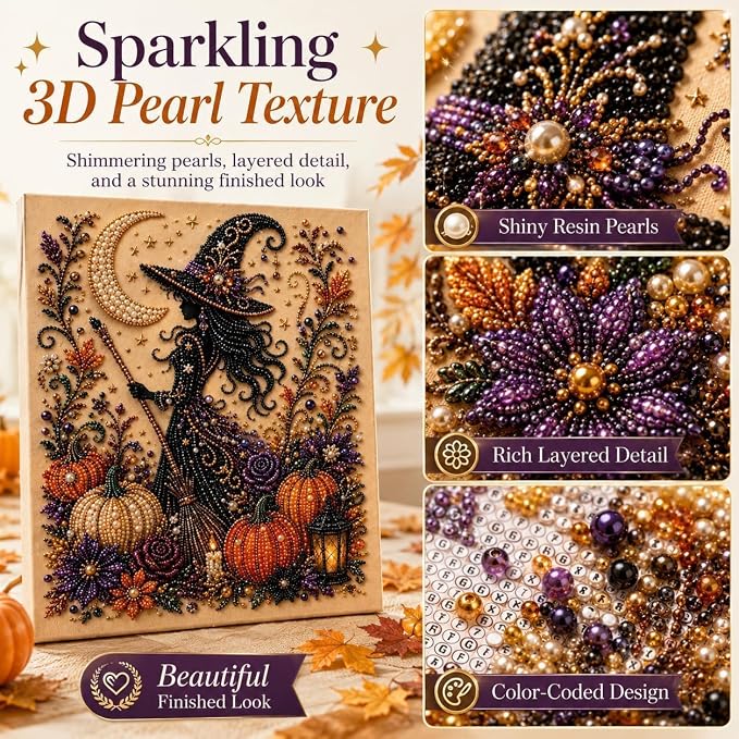 Halloween Pearl Art Kit, Cute Ghost 3D Diamond Art DIY Craft Kit with Resin Pearls, Spooky Cute 3D Diamond-Painting Crafts for Adults, Fall Home Decor Wall Art, Beginner DIY Seasonal Party Gift (#C)