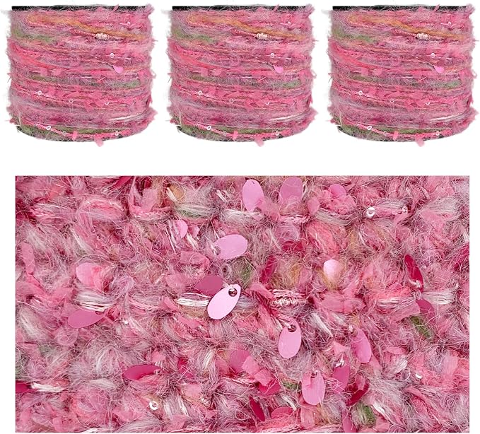Artisanal Yarn Collection Multifiber Fancy Yarn with Sequins & Shimmering Threads for Knitting Crocheting Crafts DIY, Set of 3 Rolls (Hot Pink)
