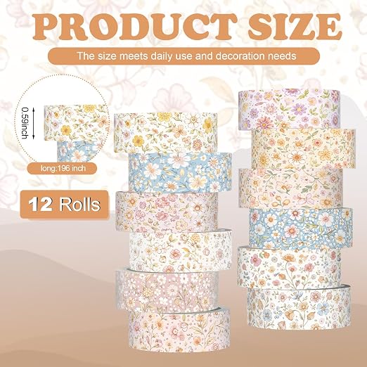 12 Rolls Floral Washi Tape Set,Vintage,Little Flowers | Watercolor Flowers Design for Scrapbook Journal DIY Craft School Supplies, 15 mm Vintage Decorative Masking Washi Tapes