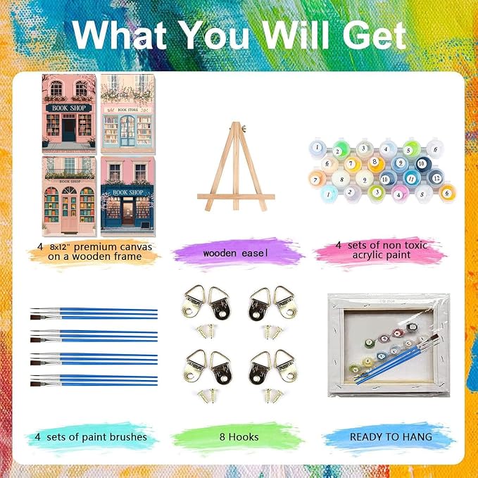 4 Pack Book shop Paint by Numbers Kit for Adults with Frame, Easy Bookstore Paint by Number for Adults Beginner with Wooden Easel, DIY Painting by Numbers Canvas Framed for Home Decor 8 x 12 Inch