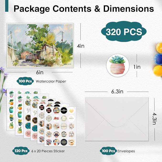 KOVIEDE 100 Pack Blank Watercolor Cards with Envelopes 4 x 6 Inch