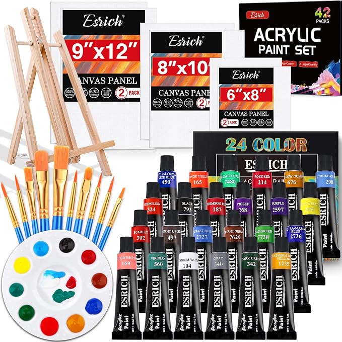 ESRICH 42 PCS Acrylic Paint Canvas Painting Kit with 24 Paints | Acrylic Paint Set, Table Wood Easel, 10 Brushes, 6 Canvas , Painting Supplies for Kids