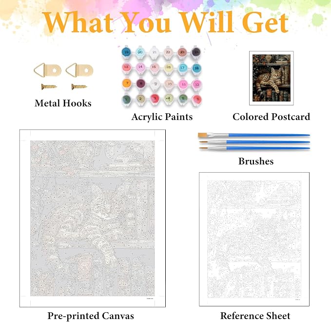 Paint by Numbers Kit for Adults, Sleeping Cat & Bookshelf, 16x20 Inch