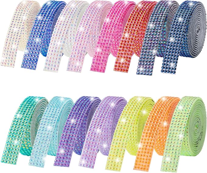 15-Yard Bedazzling Strips, 5-Rows 15-Roll Rhinestone Ribbon Self Adhesive, 15 Colors Bedazzling Kit, Rhinestones for Crafting, Rhinestone Strips for DIY Craft, 0.45inch Width
