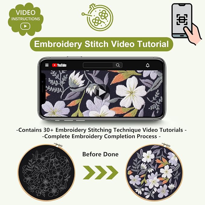 Santune 3 Pack Embroidery Kit for Beginners, Needlepoint Cross Stitch Kits for Adults,Needle Point Sets with Stamped Petal Pattern Stitch Video Tutorial
