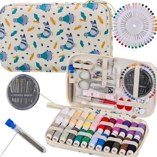 Printing Travel Sewing Kit with 130PCS Basic Sewing Supplies Accessories | Pigeon Cartoon Professional Sewing Kit for Adults,Emergency,Arts Craft & Beginners