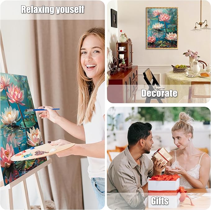 Ausanrl Flowers Framed Paint by Numbers Wooden Easel-Adult Paint by Number Kits on Canvas Framed,Lotus Paint by Numbers with Frame,Gifts and Home Wall Decor 12x16inch