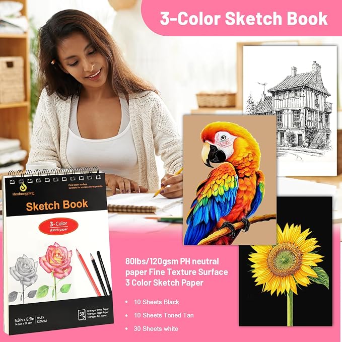 78pcs Drawing Kit Sketching Set Art Supplies with 3-Color Sketchbook Colorful Portable Case Colored Graphite Charcoal Watercolor Mettallic Pencil sketch draw gift set for Artist Adult Beginner