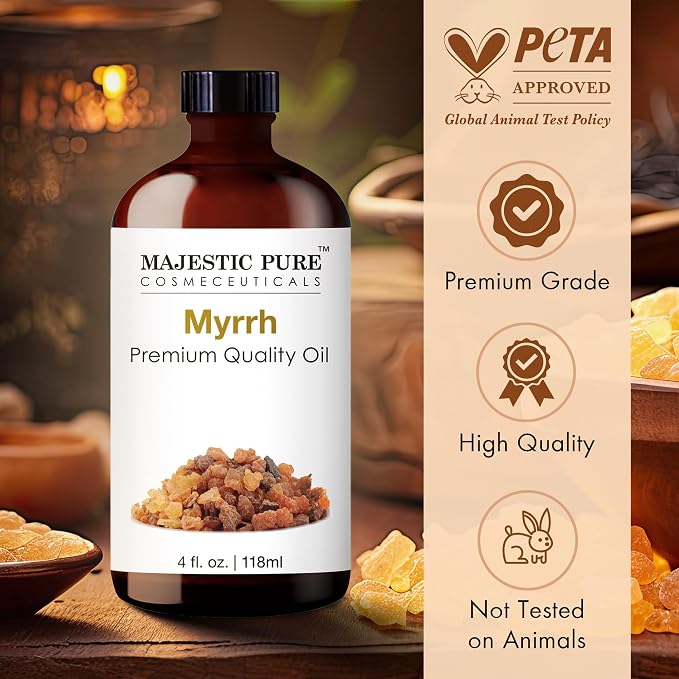 Majestic Pure Myrrh Essential Oil for Diffuser - 4 Fl Oz | 100% Pure and Natural Essential Oils for Aromatherapy, Massage, Perfume, Blend with Carrier Oil for Skincare, Myrrh Oil