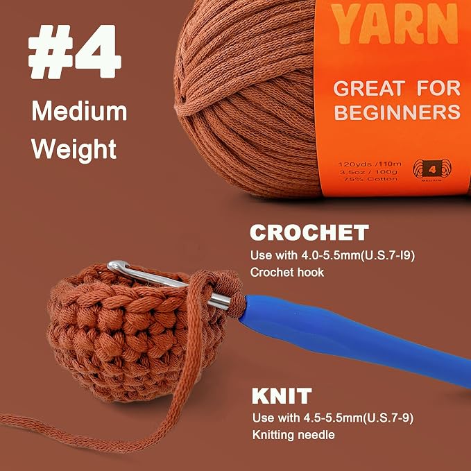3.5Oz/120yds Beginner Easy Yarn for Crocheting and Knitting;Worsted-Weight Medium #4;Cotton Blend Yarn for Beginners Amigurumi DIY(Latte,1 Skein)