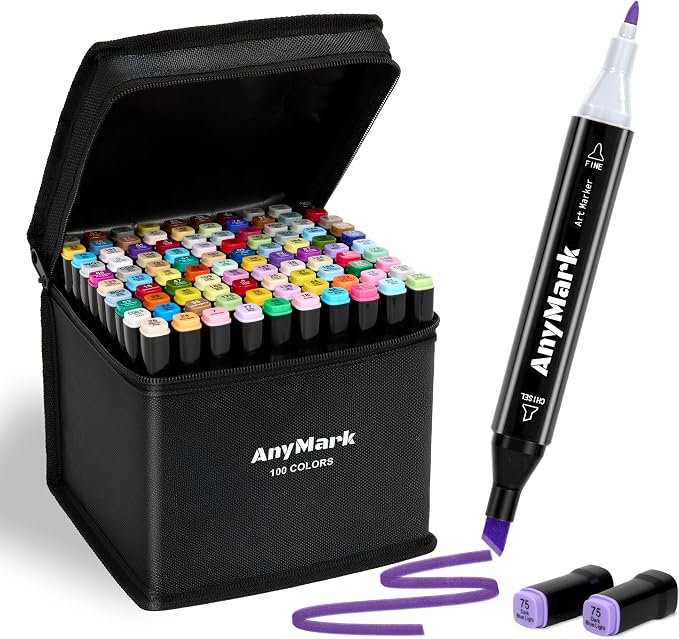 AnyMark Alcohol Markers, 100 Colors Dual Tip Art Coloring Markers Set | Alcohol Based Markers for Adult Book Drawing Sketching Painting, Chisel & Fine, Black Penholder