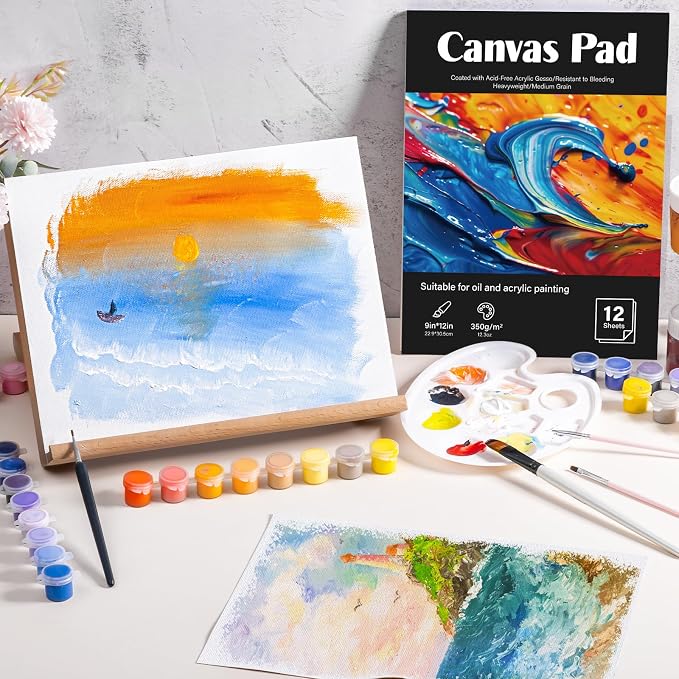 12 Sheets Canvas Paper Pad 9 x 12 in, 350 GSM, Glue Bound | Canvas-Textured Paper, Single-Sided Glue Binding, for Acrylic, Oil, Gouache, and Marker Painting