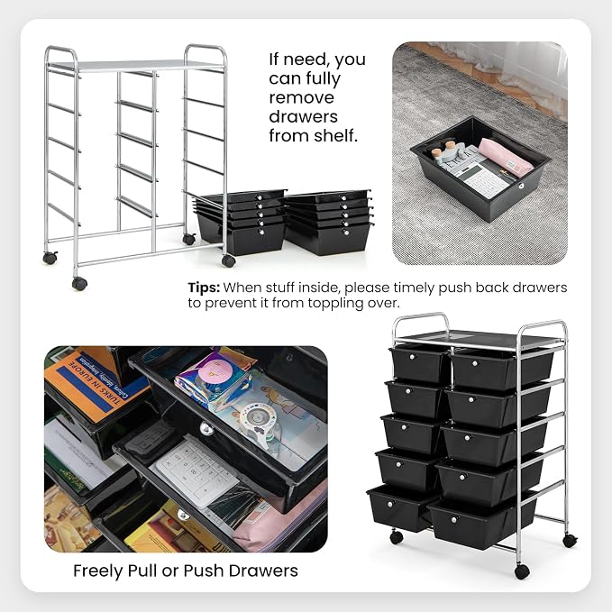 Giantex 10 Drawers Rolling Cart, Classroom Organizers, Storage Cart with Wheels, for Teacher Office Home School Supplies Tool Craft Art Paper, Black