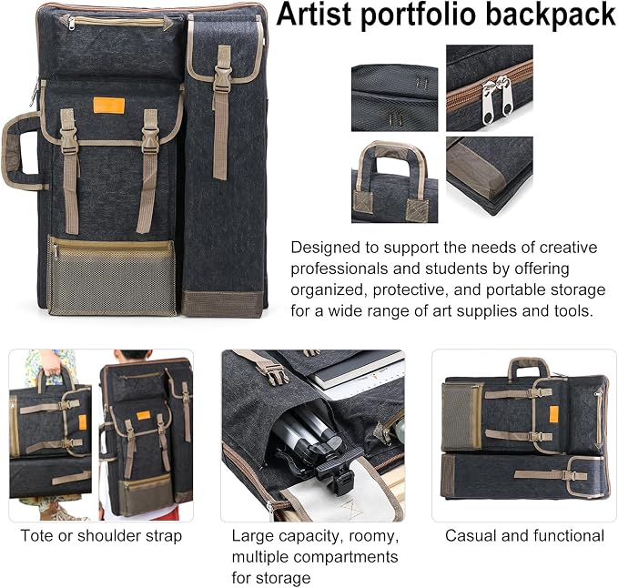 TRANSON Art Portfolio Case Artist Backpack Canvas Bag Large 26” x 19.5”