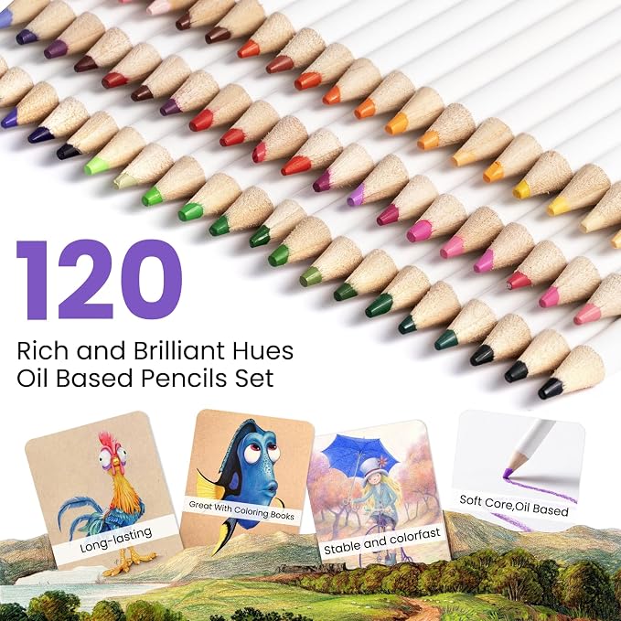 Four Candies 120 Oil-Based Colored Pencils Set with Zipper Case | Soft Core, Durable, Vibrant Colored Pencils for Coloring, Drawing, Blending, Includes 3-Color Sketchbook, Gift for Beginners